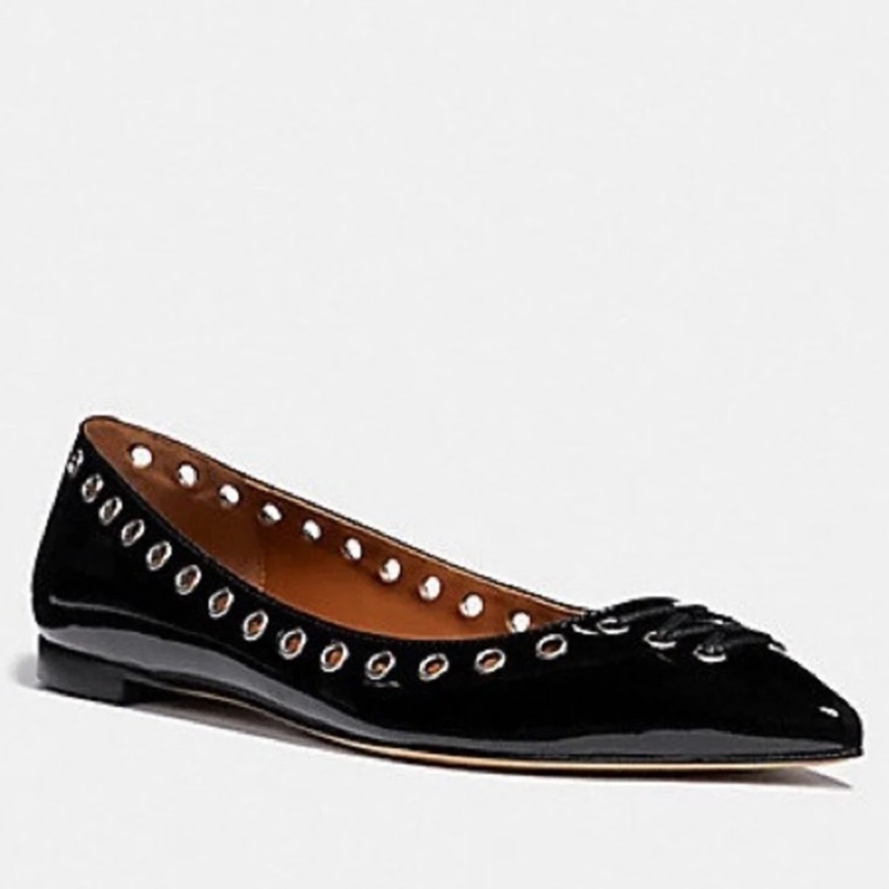 Coach Black Patent Leather Pointed Toe Flats with Grommet Detail